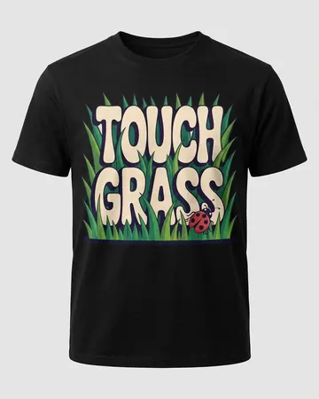Typography Graphic Tee, a black tee with TOUCH GRASS in green grass lettering