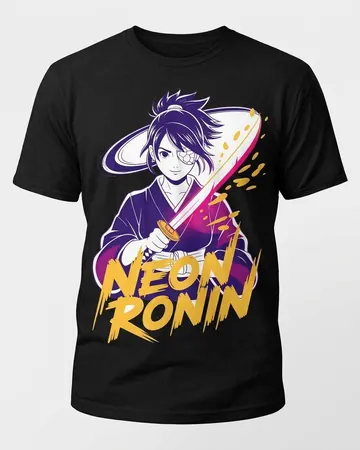 Anime Tribute Graphic Tee, a black tee with a NEON RONIN swordsman print