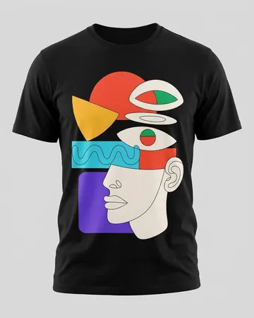 Abstract Art Graphic Tee, a black tee with colourful abstract face art