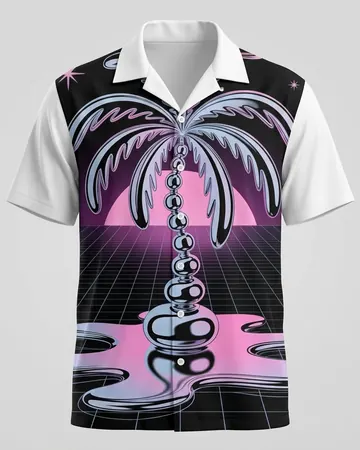 Printed Resort Shirt, a white shirt with a pink and purple palm tree print
