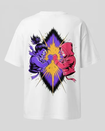 Drop Shoulder Oversized Tee, a white tee seen from the back with a purple and red print