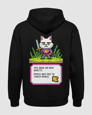 Classic Pullover Hoodie, a black hoodie seen from the back with a pixel-art cat print
