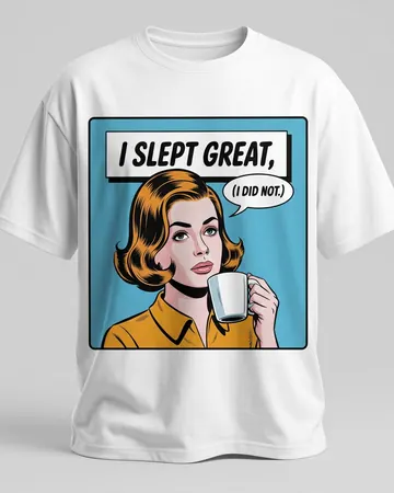 Washed Oversized Tee, a white tee with a retro comic panel of a woman holding a mug