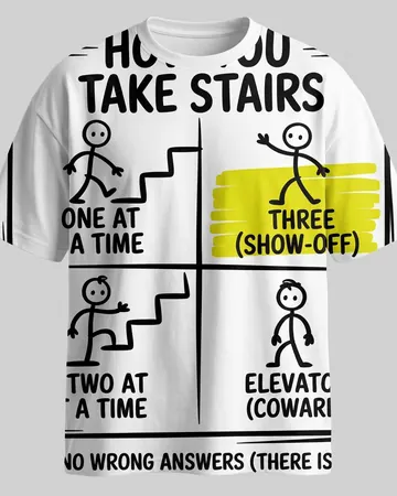 Acid Wash Oversized Tee, a white tee with a four-panel stick figure stairs print